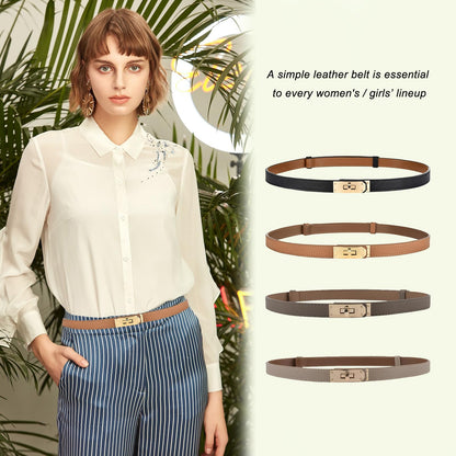Ovekaut Women Skinny Leather Belt Solid Color Alloy Turn Lock Adjustable Waistband for Dresses Jeans Coats (White/Gold)