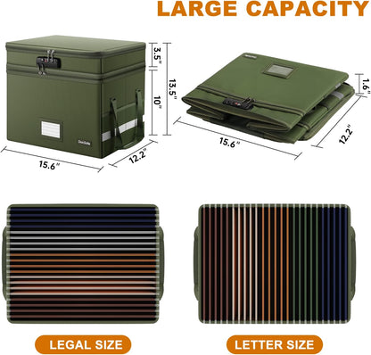 DocSafe File Box with Lock,Multi-Layer Fireproof Document Box Collapsible File Storage Organizer with Pockets/Handle,Portable Home Office Filing Cabinet for Hanging Letter/Legal Size Folders,Green