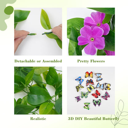 BLEUM CADE Artificial Hanging Flowers for Outdoors, 4pcs Fake Hanging Plants Pothos Vines with Purple Flowers for Wall Home Living Room Indoor Outdoor Decor (No Baskets)