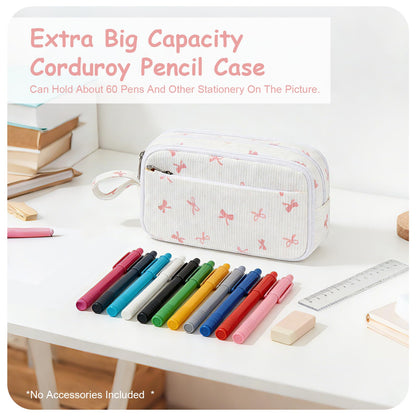BuyCard Large Capacity Cute Pencil Case, Aesthetic Pen Pouch, White with Pink Bow Pattern Pencil Bag, Kawaii Stationery Storage and Organizer, Supplies for Teen and Adult Girls