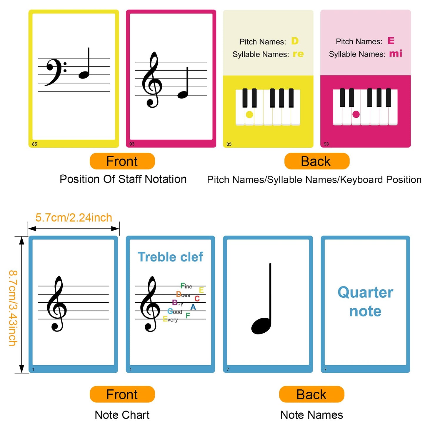 Piano Staff Notes Flashcards and Piano Theory Chart，Color Coded Flash Cards for 104 Staff Notes - 104 Double-Side Note Cards - Fun Educational Flashcards for Piano, Music Learners