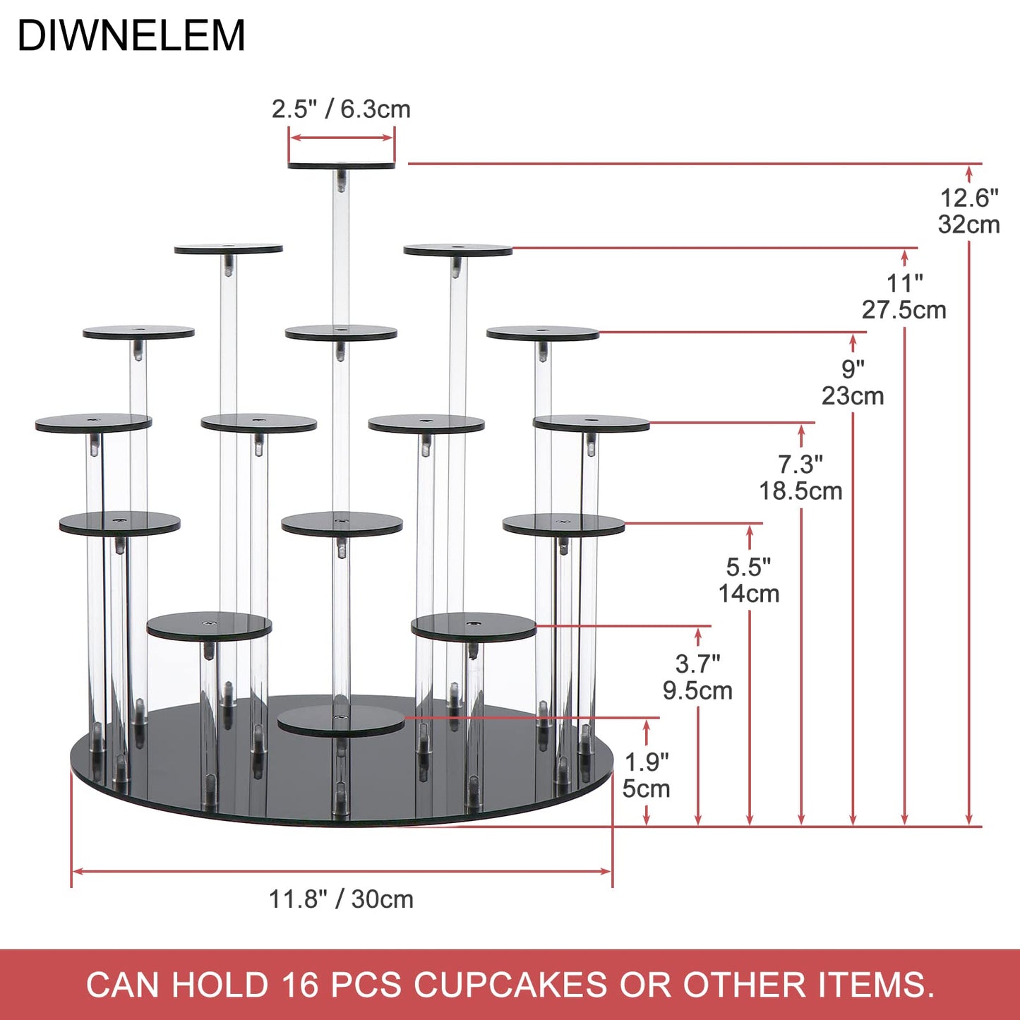 DIWNELEM 16 Tier Acrylic Cupcake Stand Display Riser Holder for Cupcakes, Collectibles, Figures, Comestics, Perfumes, Jewelry - Black Acrylic Display Stand Organizer