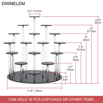 DIWNELEM 16 Tier Acrylic Cupcake Stand Display Riser Holder for Cupcakes, Collectibles, Figures, Comestics, Perfumes, Jewelry - Black Acrylic Display Stand Organizer