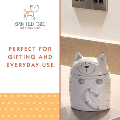 SPOTTED DOG GIFT COMPANY Ceramic Jar with Lid for Countertop, Cat Treat Container, Cute Decorative Kitchen Storage Jar for Tea Coffee Sugar, Gifts for People Who Love Cats, White 16oz