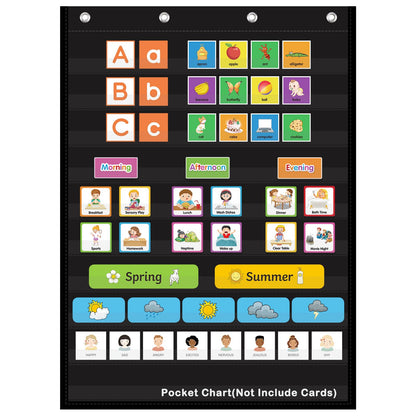 AUVCAS Pocket Chart for Classroom & Homeschool,10 Clear Pocket Hanging Organizer for Sentence Strips,Word Walls & Calendar Display,Holds All Standard Cards,Heavy Duty 43" x 28" - Black