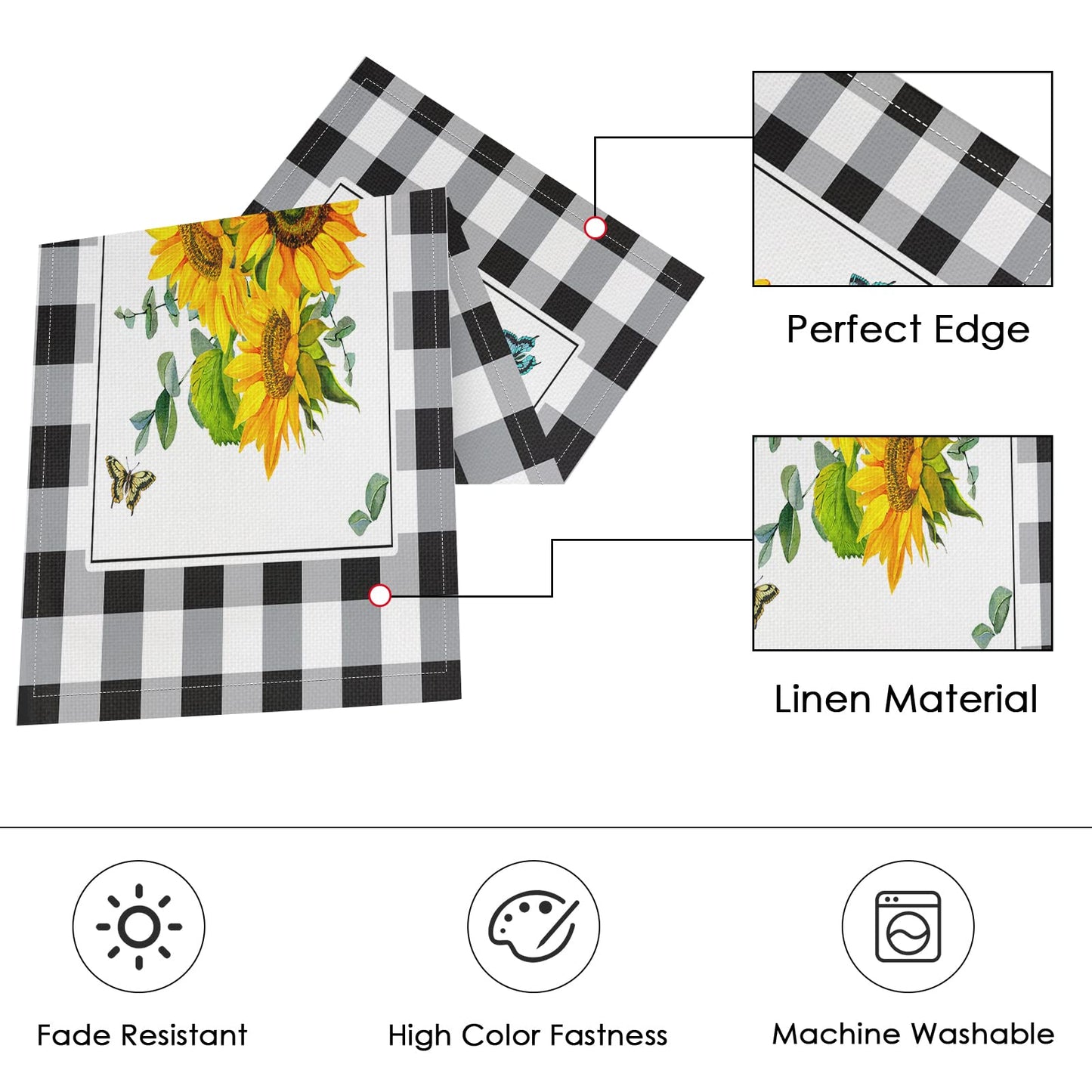 ArtSocket Sunflower Table Runner and Placemats Set of 6, Black White Buffalo Plaid Floral Flower Dining Decor for Daily Use(1 Table Runner 72 inches Long and 6 Placemats)