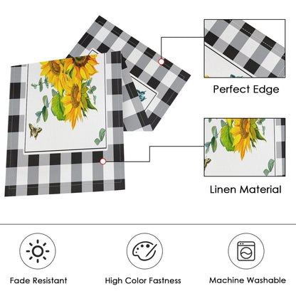 ArtSocket Sunflower Table Runner and Placemats Set of 6, Black White Buffalo Plaid Floral Flower Dining Decor for Daily Use(1 Table Runner 72 inches Long and 6 Placemats)