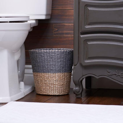 Household Essentials 2‑Tone Cattail Waste Bin with Handwoven Fibers and Metal Frame, Natural and Cream