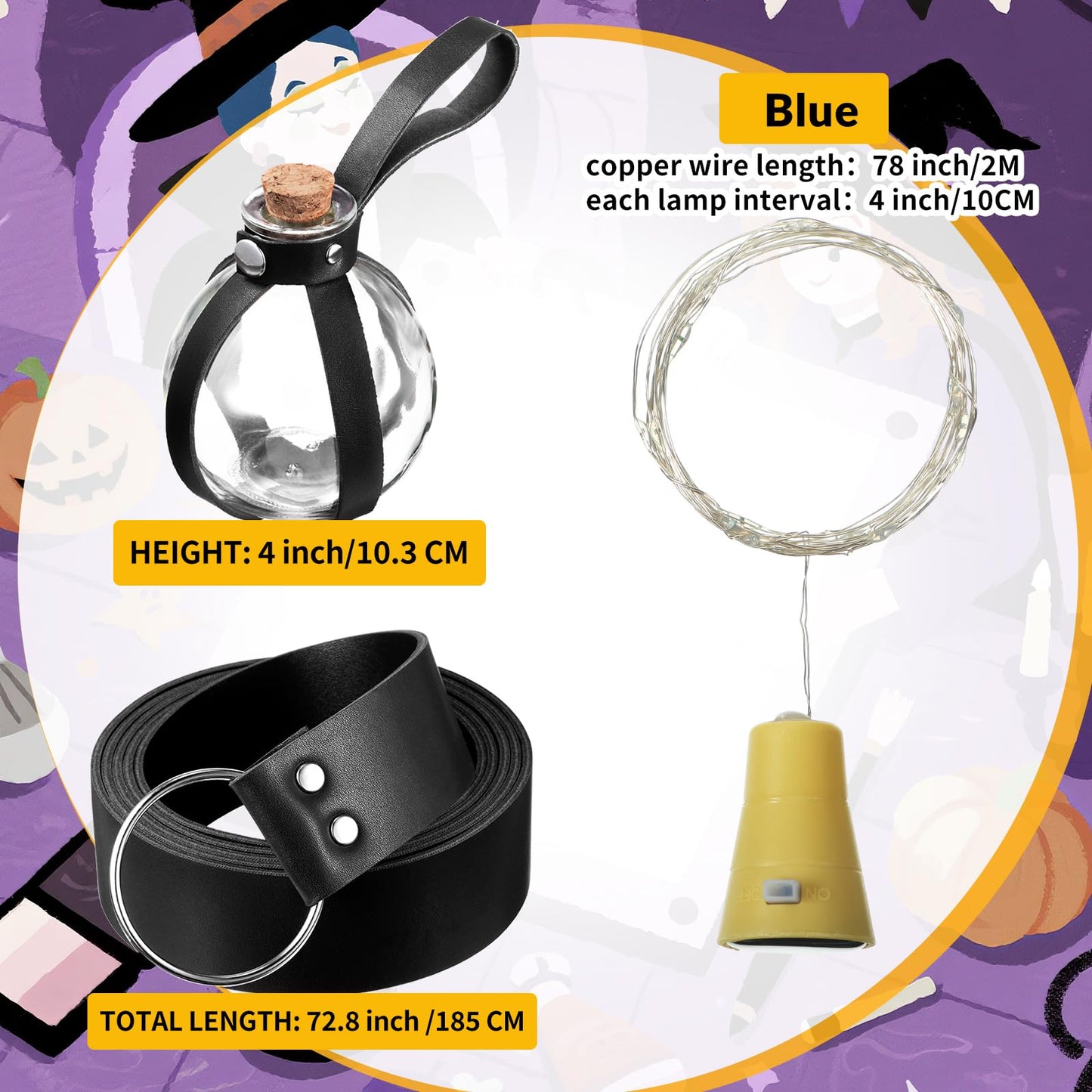 Geyoga Halloween Witch Potion Bottles Wizard Staff Solar Light up Medieval Renaissance Witch Accessories Dark Magic Cork Bottle with Belt Decor(Black with Purple Light)