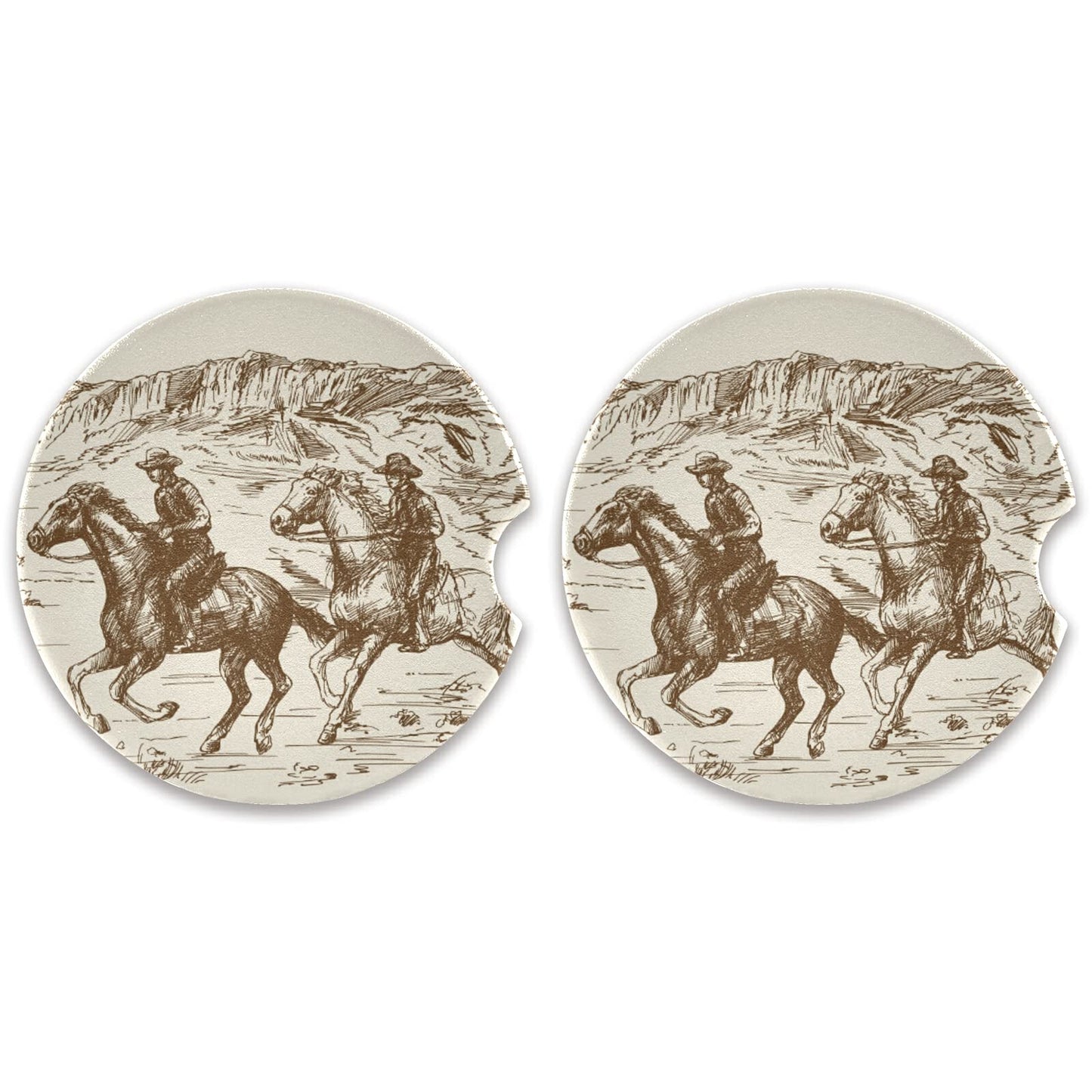 xigua Absorbent Car Coasters 2 Pack, Ceramic Coaster with Cork Back and Finger Slot, Western Desert Cowboy Car Cup Coasters 2.56"