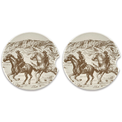 xigua Absorbent Car Coasters 2 Pack, Ceramic Coaster with Cork Back and Finger Slot, Western Desert Cowboy Car Cup Coasters 2.56"