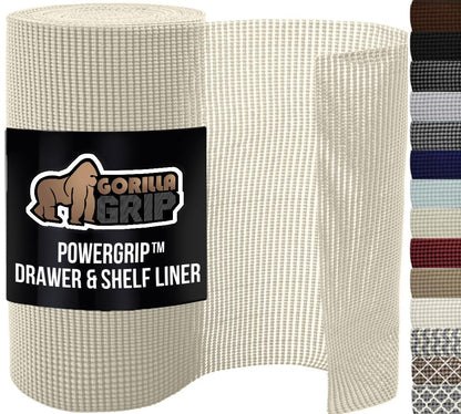 GORILLA GRIP powerGRIP Drawer Shelf and Cabinet Liner, Thick Strong Hold, Non-Adhesive Liners Protect Kitchen Cabinets and Cupboard, Bathroom Drawers, Easy Install, Breathable Mat, 12" x10', Beige