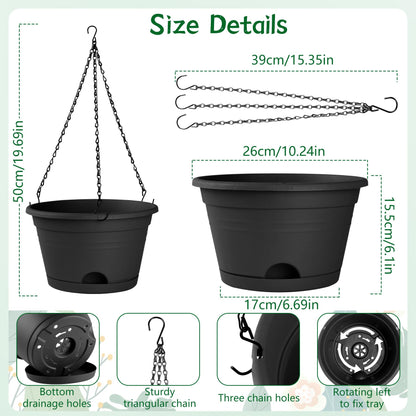Nooulap 4 Pack Hanging Planters, 10 Inch Hanging Plant Pot with Hanger Chain & Drainage Trays, Hanging Baskets for Plants Outdoor Indoor, Flowers Pots for Home, Garden, Porch Decor (Black)