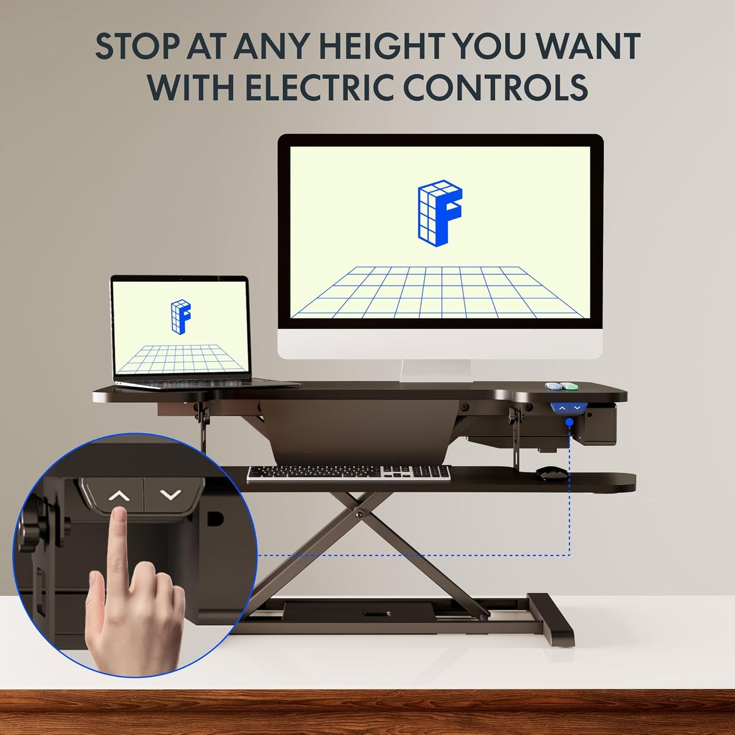 FLEXISPOT 35 inch Electric Standing Desk Converter, Motorized Stand up Desk Riser, Monitor and Laptop Workstation with Wide Keyboard Tray, Black