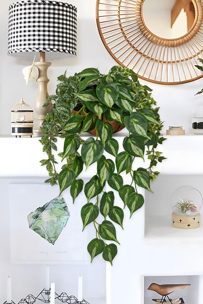 Fake Hanging Plant with Pot, Large Hanging Artificial Plants with Basket & Hanger Faux Greenery Plants Indoor Outdoor Decor Fake Pothos Plant in Pot for Wall Balcony Patio Office Bathroom Shelf