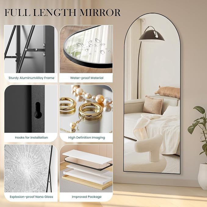 NEWBULIG Arched Mirror Full Length, 64"x21" Full Body Floor Mirrors with Shatter-Proof Glass, Upgraded Standing Wall Mirror, Hanging or Leaning, with Stand Aluminum Alloy Frame for Home Decor, Black