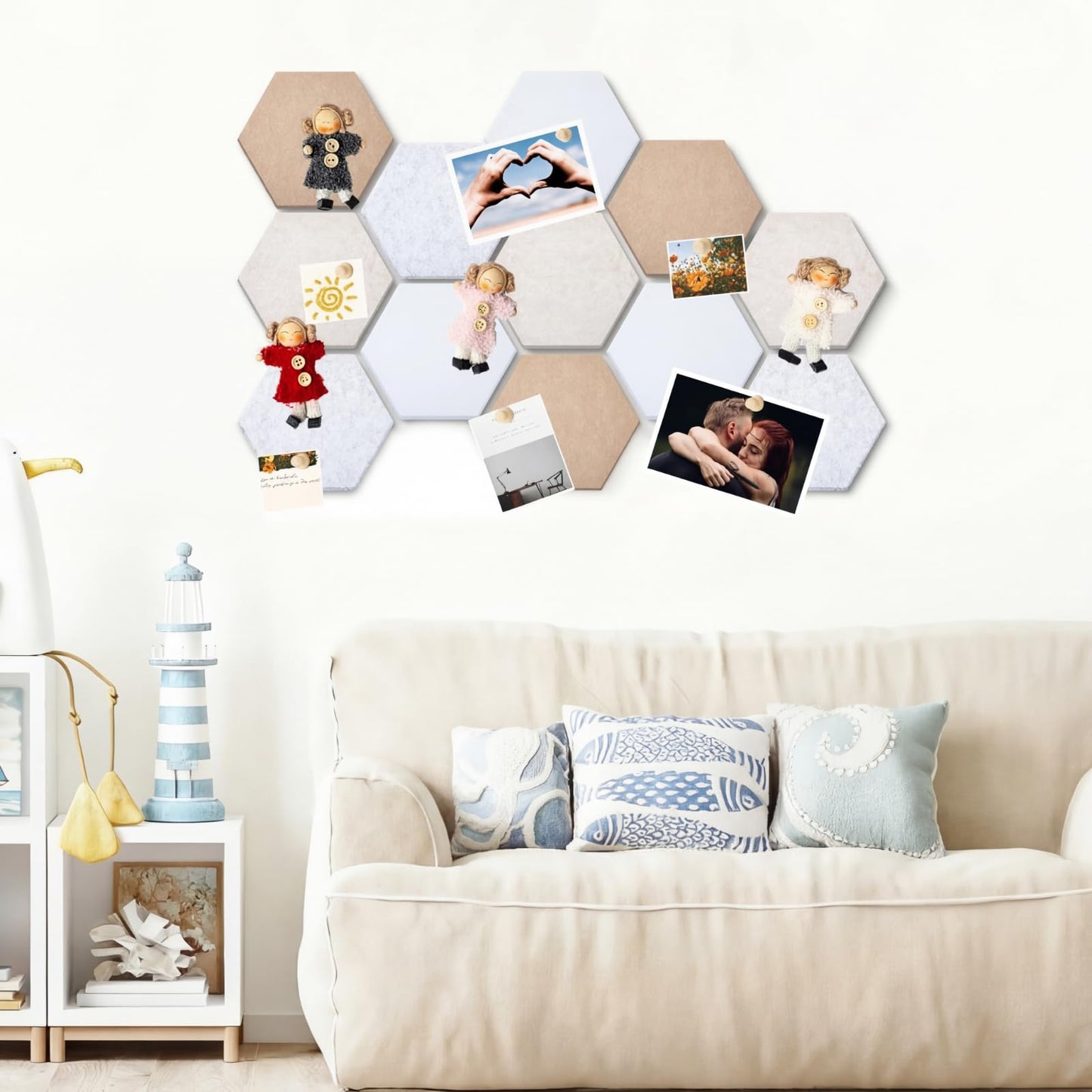 Mindsoft 16 Pcs Hexagon Cork Board for Walls with 50 Wooden Push Pins 12x10 in Felt DIY Tiles Notice with Nano Tape Hanging Bulletin Board for Home Photo Office Memo Note(Retro)