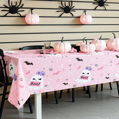 MEHOFOND 3 Pack Pink Halloween Plastic Tablecloths, Little Boo Baby Shower Decorations, Halloween Spooky Spider Web Happy Booday Disposable Table Cover Party Supplies for Birthday Baby Shower