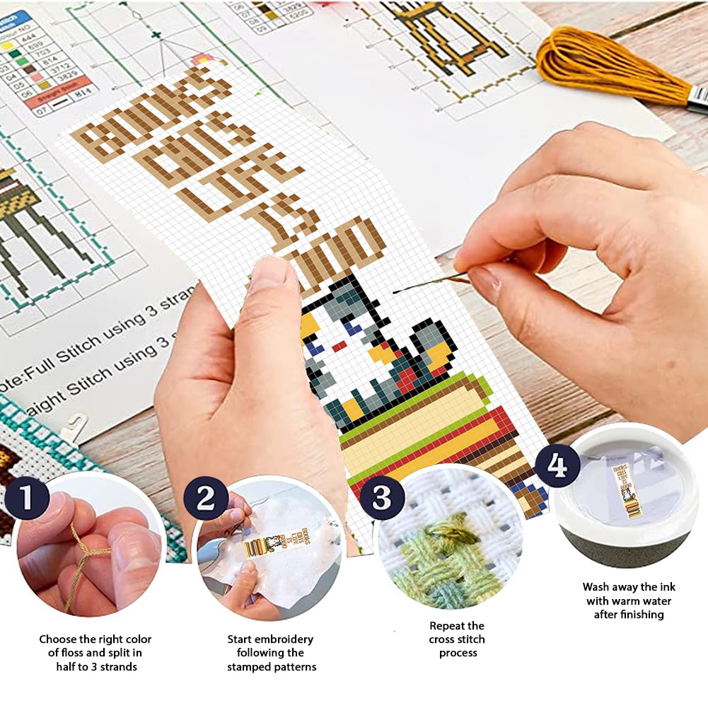 FREEBLOSS 6 Set Cross Stitch Bookmark Kits Cat and Books Bookmarks DIY Stamped Embroidery Bookmark Kit for Beginner Cross Stitch Kit DIY Embroidery Bookmarks Crossstitch Projects for Book Lovers