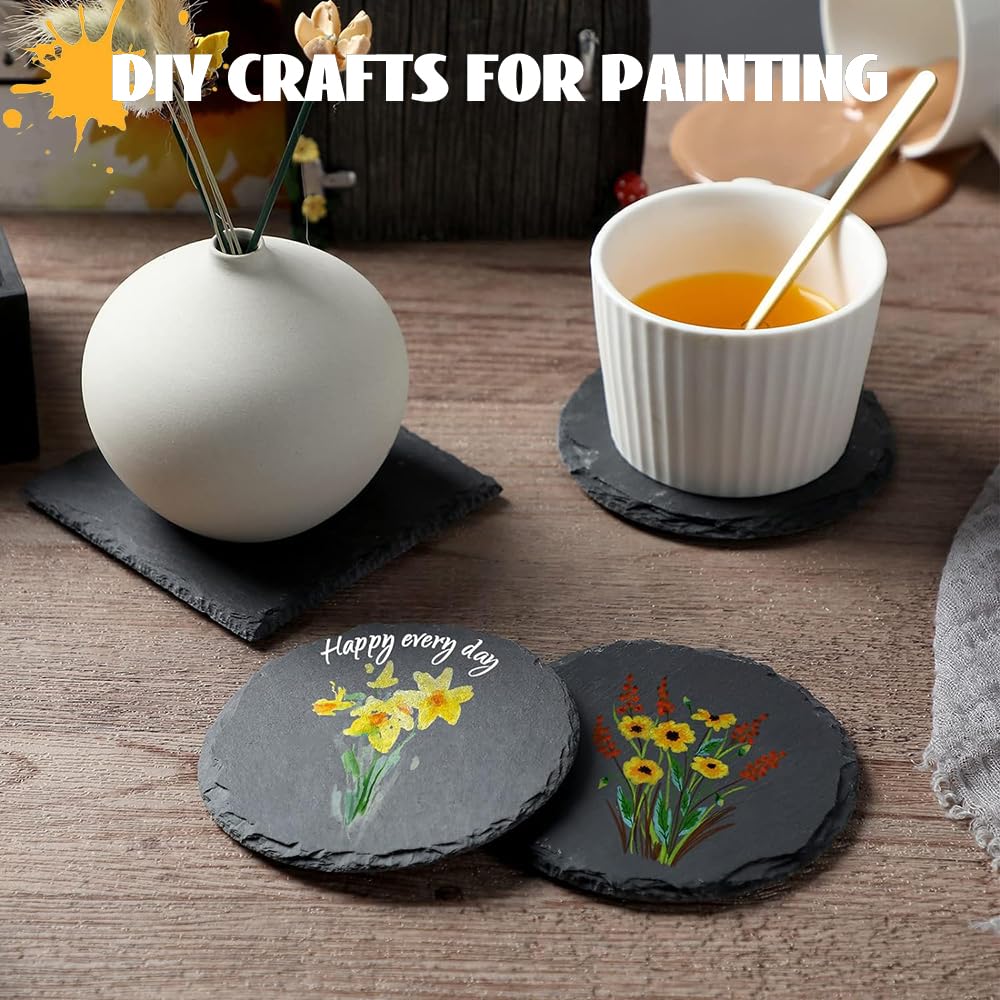 Black Slate Coasters for Drinks, Cup Coaster Set of 8 with Metal Holder, Coffee Cup Beverage Wine Beer Coasters for Home Office Bar Decor (Square)