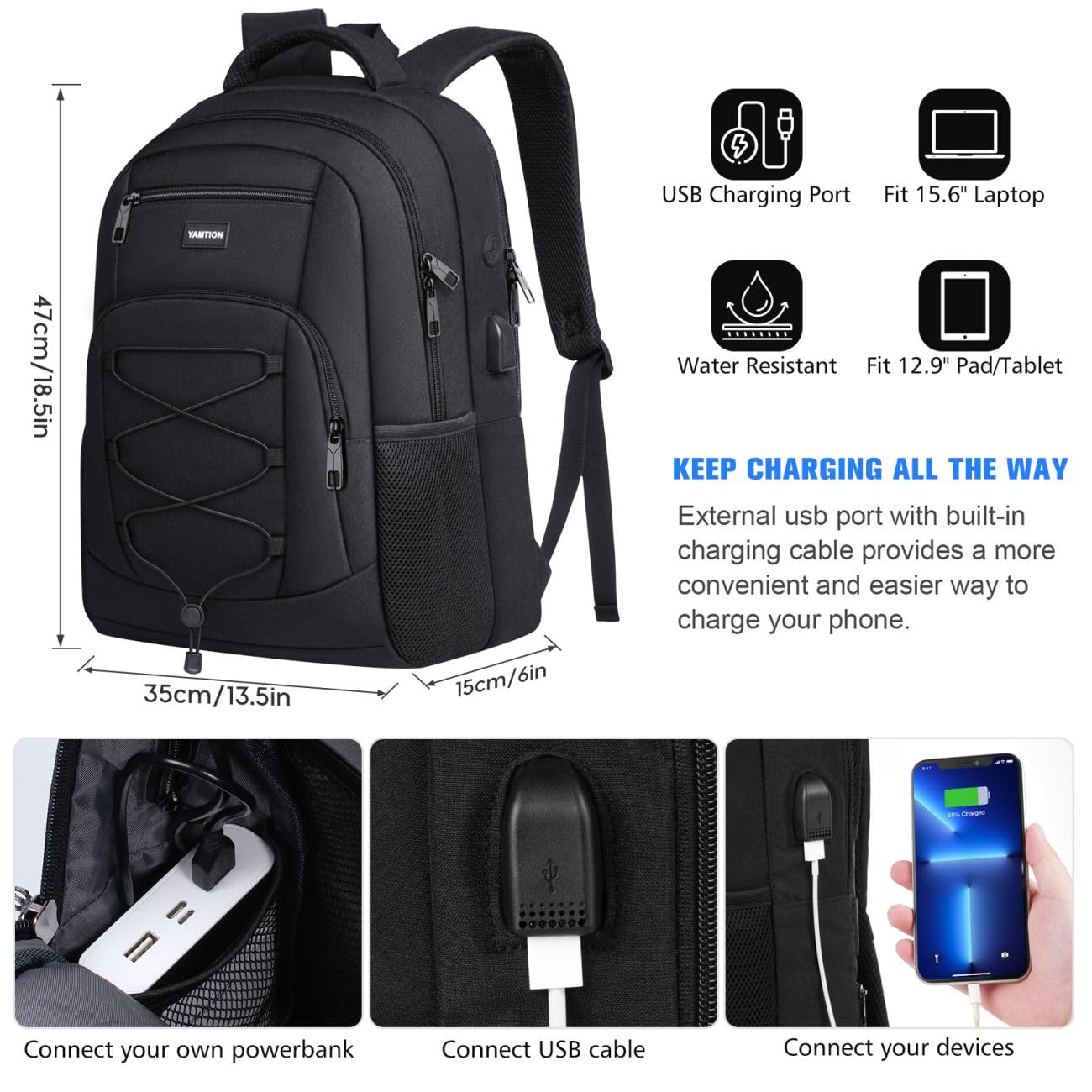 YAMTION School Backpack for Men and Women,College Bookbag Teens Laptop Backpack Schoolbag with USB Port for Students Work Business Office
