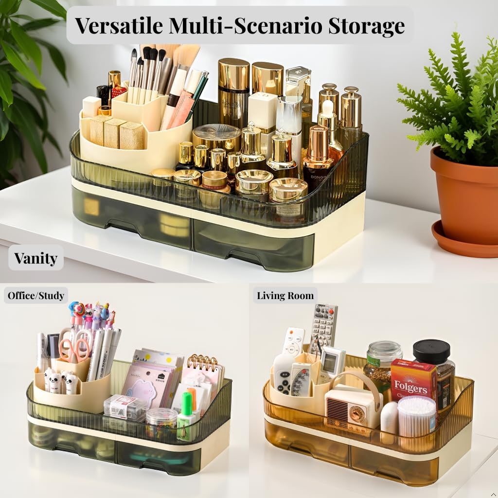 Tidyladyo Makeup Organizer Countertop with Dual Drawers, Large Capacity Cosmetic Storage for Vanity Bathroom Skincare, 360° Rotating Makeup Brush Holder