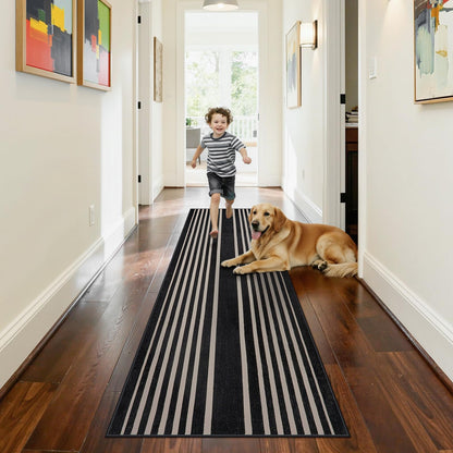 Beeiva Striped Runner Rug for Hallways, 2x6 Washable Runner for Entryway, Black and White Bathroom Runners Non Slip Soft Low Pile Vertical Striped Geometric Print Carpet Rugs for Kitchen Laundry Porch