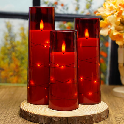 Nimiko Flickering Flameless LED Candles,Battery Operated Candles 9 Pcs with Embedded Star String,Acrylic LED Pillar Candles with Remote,Suitable for Home Decoration to Create an Atmosphere（Red）
