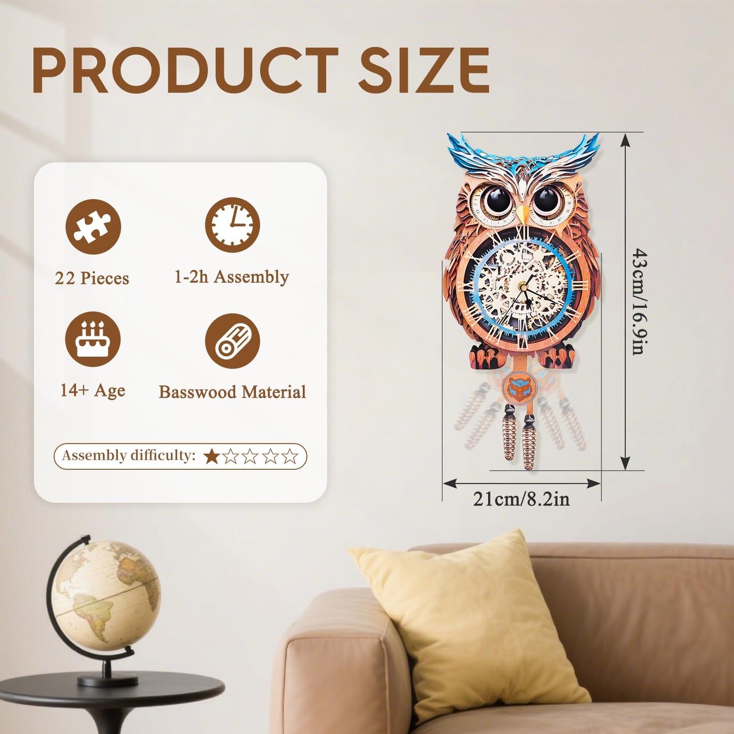 Cutywood 3D Puzzle for Adults-Wooden Owl Clock for Room Decoration, DIY Build Mechanical Wall Clock with Roman Numerals, Personalized Gift for DIY Lovers