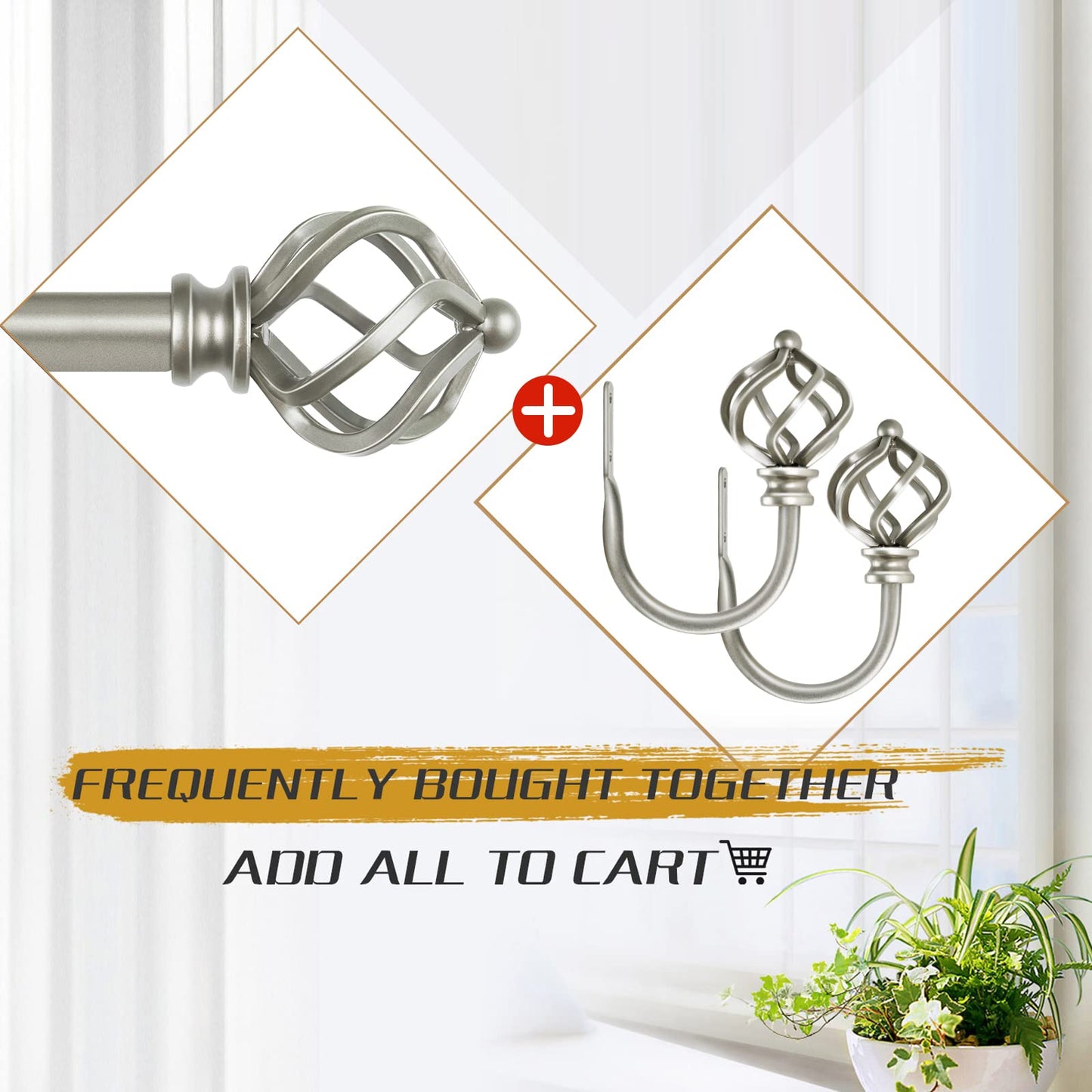 KAMANINA Decorative Curtain Drapery Holdbacks for Wall, Antique Silver Curtain Tiebacks Holders with Screws Wall Mounted for Drapes Window Home Decoration, Twisted Cage Finials, 1 Pair/2 Pack, Small