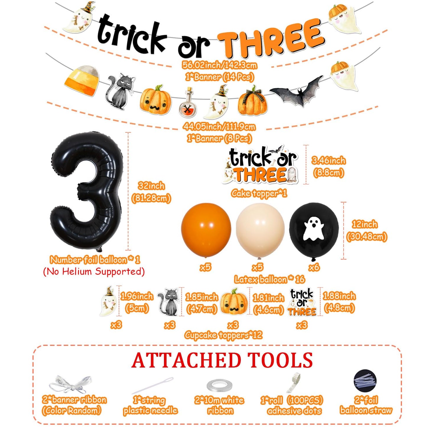 Halloween 3rd Birthday Decoraions Trick or THREE Banner Garland Halloween 3rd Birthday Cake Topper Cupcake Toppers Balloons for Girls Boys Third Bday Party Supplies