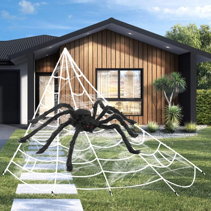 3in1 Halloween Decorations 5ft Giant Spiders 200" White Spider Web Haunted House Outdoor Wall Decor for Halloween Props (Giant Triangular Spider Web+Black Fake Spider+Stretchable Cobwebs)