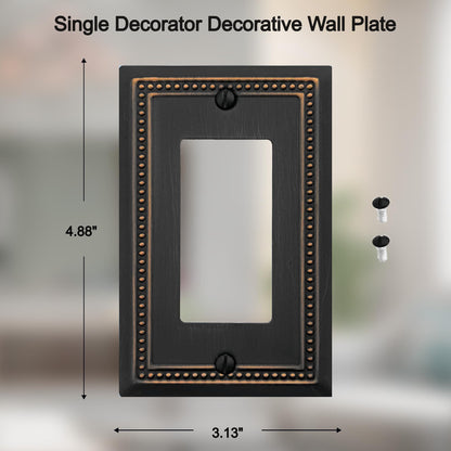 OKAWYC Single Decorator Light Switch Cover Belaire Beaded Metal Wall Plate, 4-Pack Aged Bronze 1 Gang Single Rocker Oil Rubbed Bronze Receptacle Dimmer Switch GFCI Outlet Decorative Wallplate, Durable