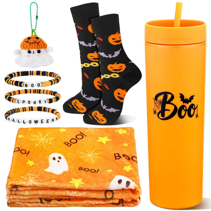 Meanplan 7 Pack Halloween Boo Basket Stuffers Halloween Gifts for Women Orange Basket Stuffer Includes 12oz Orange Acrylic Ghost Tumbler Velvet Blanket Crochet Ghost Keychain Socks for Family