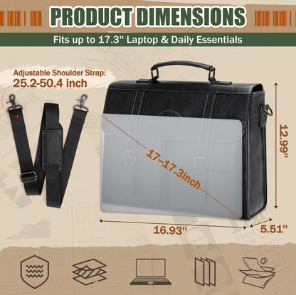 RAINSMORE Mens Messenger Bag 17 Inch Vintage Leather Laptop Briefcase Magnetic Closure Large Satchel Computer Shoulder Bag for Office Travel College, Black