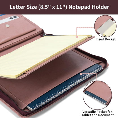 Vegan Leather Portfolio with Front Pocket for Women, 8.5 x 11 Legal Pad Notepad Holder, Zippered Business Organizer, Professional Executive Letter Notebook Folder for Work, Pink
