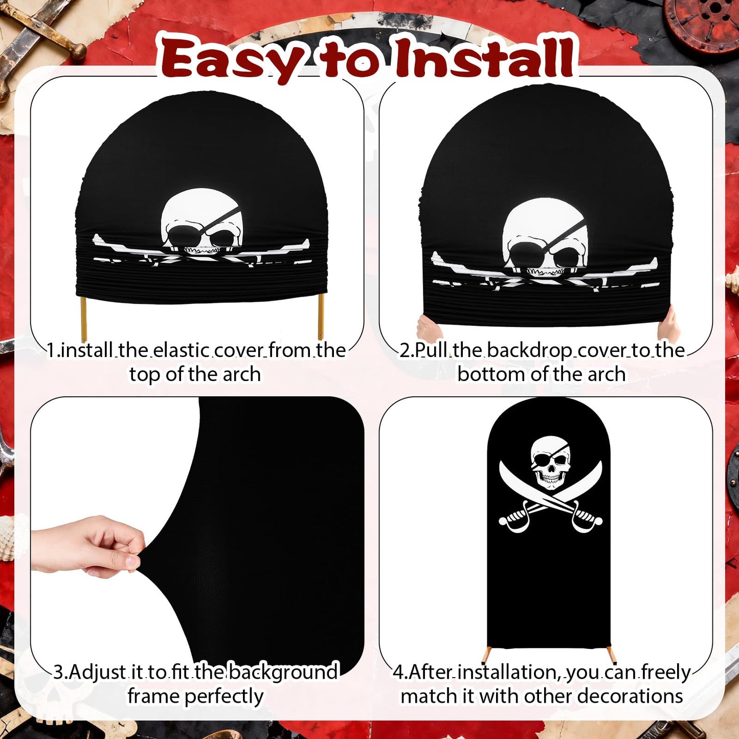 Tingjoo 3 Pcs Pirates Party Arch Backdrop Stand Cover Spandex Fitted Theme Arch Cover 4ft, 5ft, 6ft Photo Background Props for Pirate Birthday Party Decoration