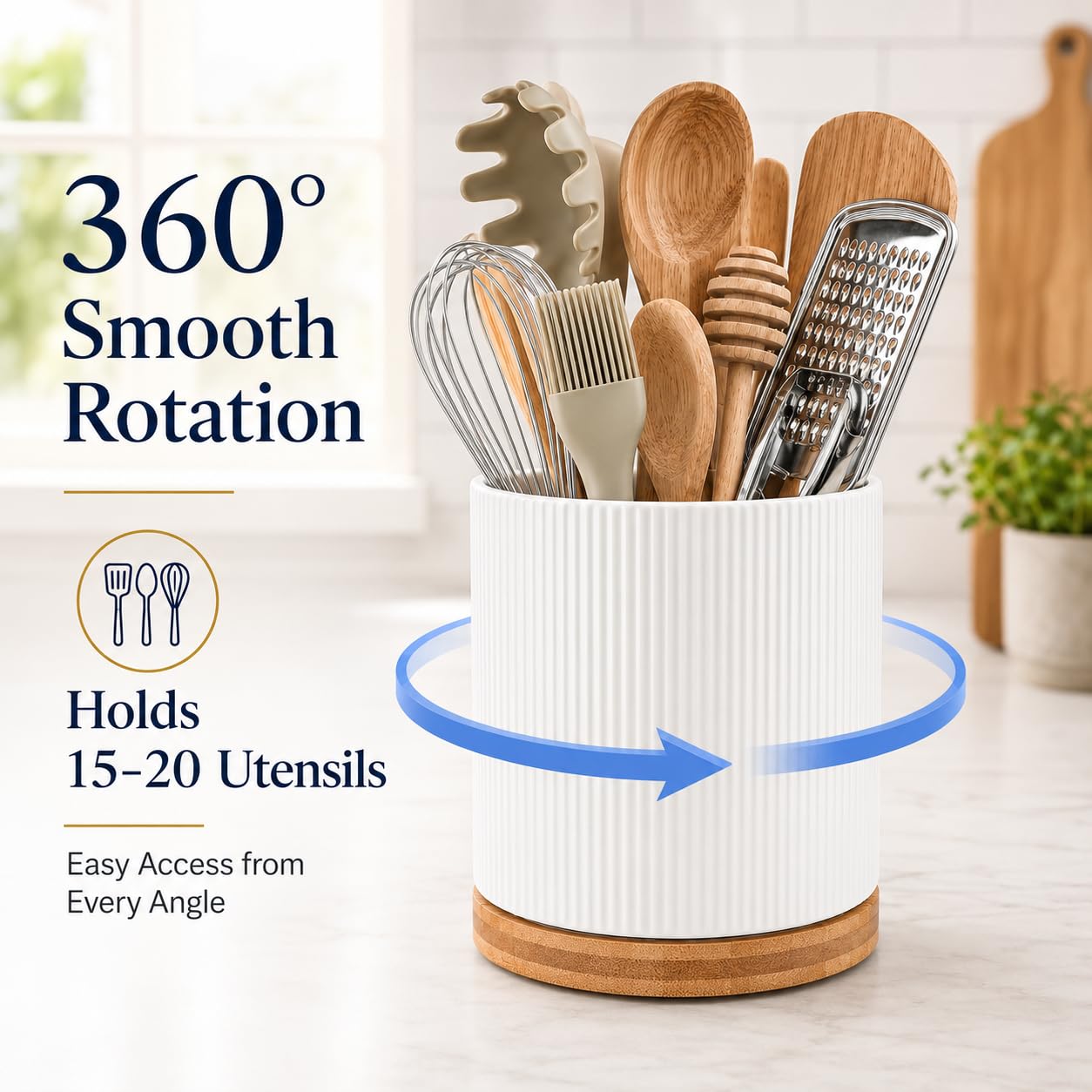 QUELIEN Utensil Holder, 360° Rotating Ceramic Kitchen Utensil Holder for Countertop, 7.7" Utensil Crock for Kitchen Counter with Rotatable Wooden Base,Ideal Housewarming Gift & Mothers Day Gift