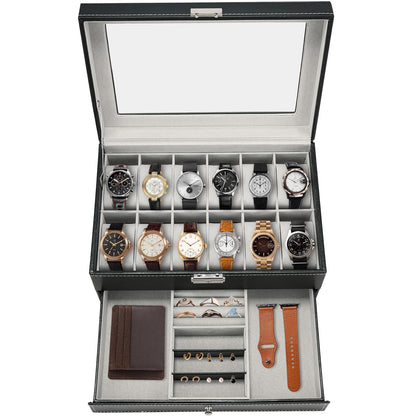 AMGSH 12 Slot PU Leather Lockable Watch Storage Boxes | 2-Tier Organizer Watch Showcase,Men & Women Jewelry Display Drawer Case Display Earrings Storage Organizer