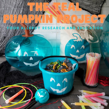 Teal Pumpkin Halloween Trick or Treat Bucket 8.5 in (2 Pack)-Official Teal Pumpkin Project Allergy-Friendly Candy Pail Accessory and Party Decoration Supplies, Haunted House Plastic Bowl w Handle