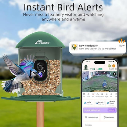 Smart Bird Feeder with 4MP HD Camera, Birdwatching Camera with Free AI Identify Birds & Solar Panel for Outdoors, Auto Video Capture & Instant Notifications, Green