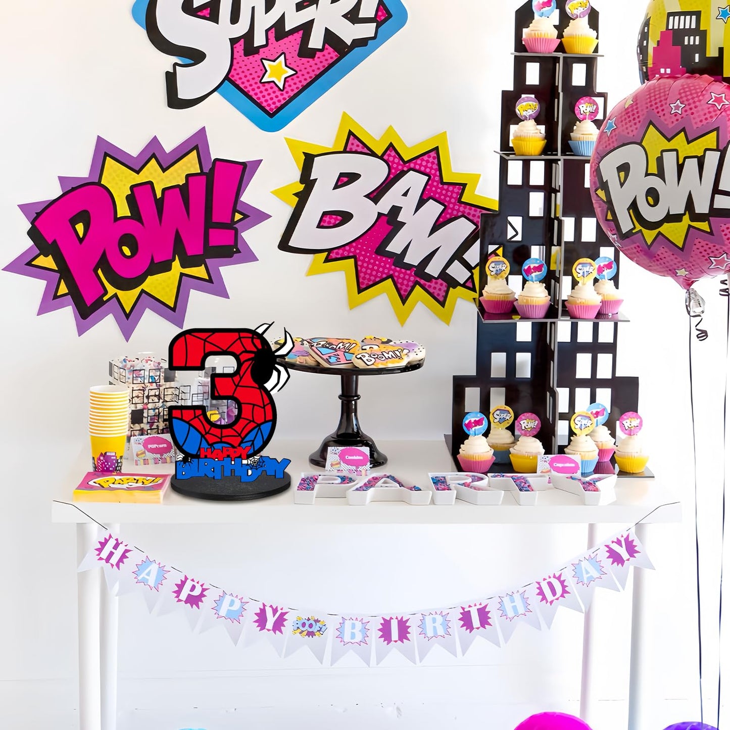 Spider Theme 3th Birthday Decoration – Wooden Number 3 Table Sign for Party, Spider Web Design Centerpiece for Birthday, Halloween Party, or Photo Shoot
