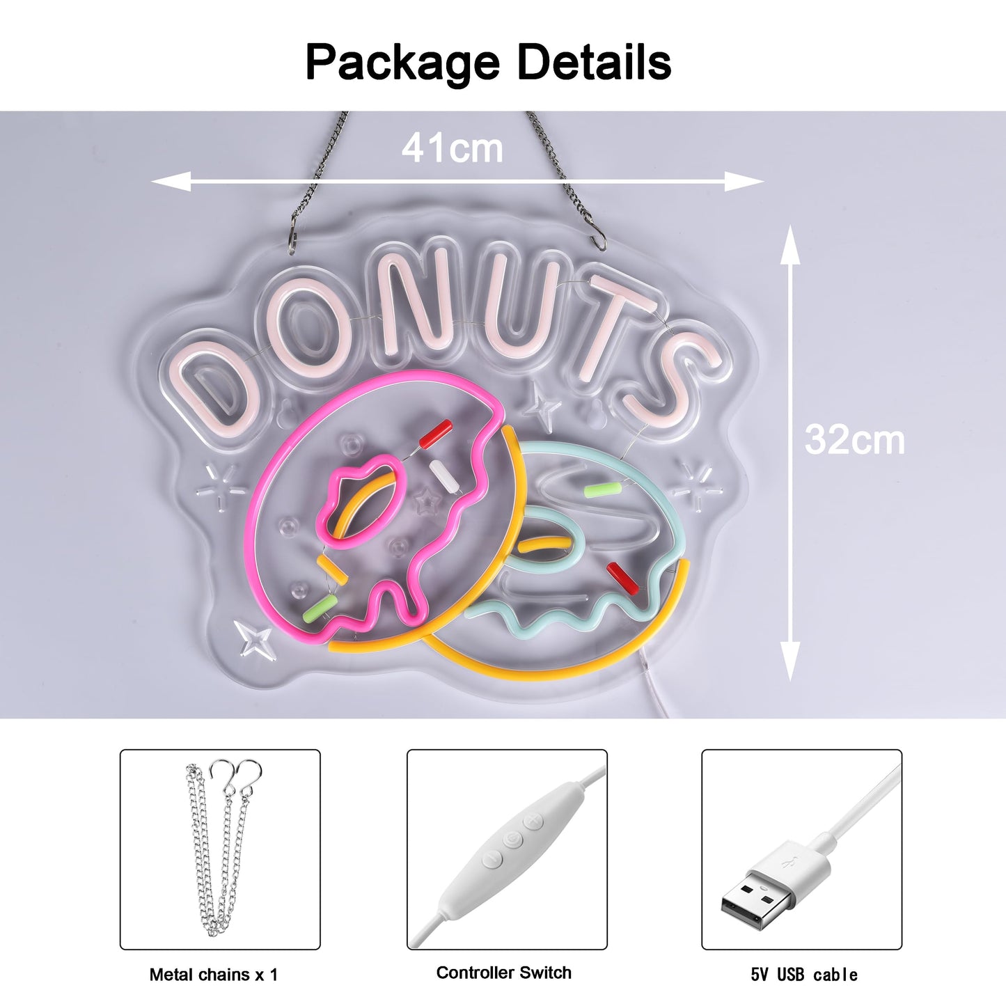 JOMOBUTY Donuts Neon Sign, Neon Lights Hanging Wall Art Decoration for Home Kitchen Business Bakery Restaurant Bar Cafe Fast Food Shop, USB Powered Ultra Bright Dimmable