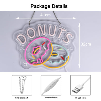 JOMOBUTY Donuts Neon Sign, Neon Lights Hanging Wall Art Decoration for Home Kitchen Business Bakery Restaurant Bar Cafe Fast Food Shop, USB Powered Ultra Bright Dimmable