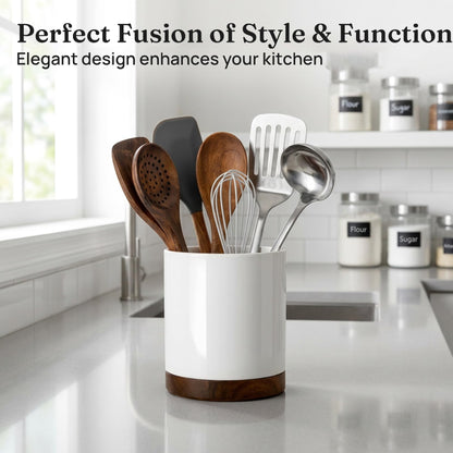 Nucookery Ceramic Rotating Utensil Holder for kitchen counter, 7.2" Stable Large Utensil Crock Countertop Organizer for Cooking Utensils, Modern Farmhouse Decor, Christmas Gift, White
