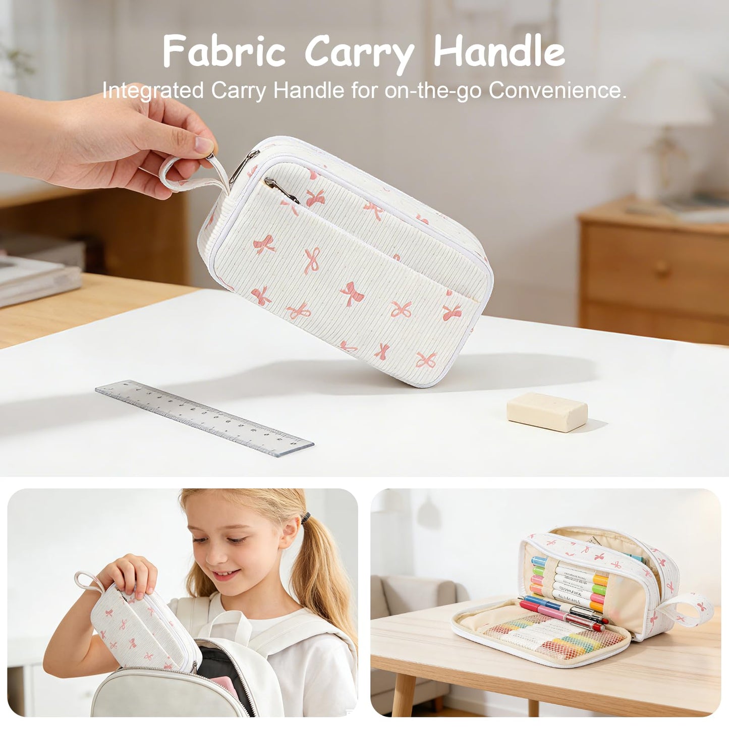 BuyCard Large Capacity Cute Pencil Case, Aesthetic Pen Pouch, White with Pink Bow Pattern Pencil Bag, Kawaii Stationery Storage and Organizer, Supplies for Teen and Adult Girls
