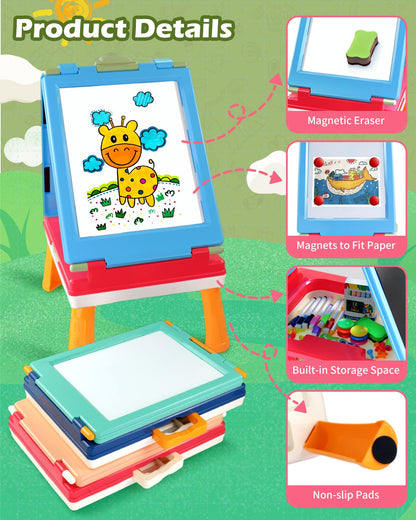 Elovien Easel for Kids,Tabletop Easel for Toddler, Foldable 4 in 1 Double Sided Kids Art Easel with Chalkboard & Magnetic Whiteboard,Portable Desktop Drawing Board - Gift for Boys and Girls (Green)