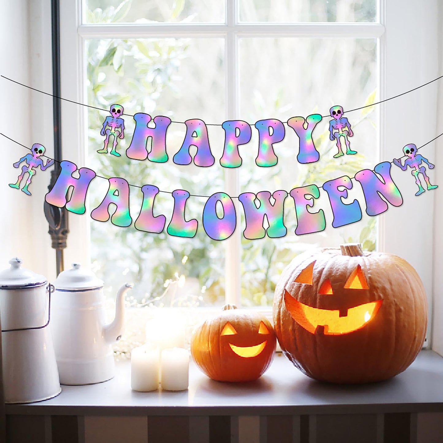 Halloween Iridescent Holographic Bats Party-Decorations Stickers Banner - 17pcs Neon Glitter 3d Paper Rooms Wall Decor,Hotel Transylvania Kids Happy Birthday Hanging Supplies Panduola