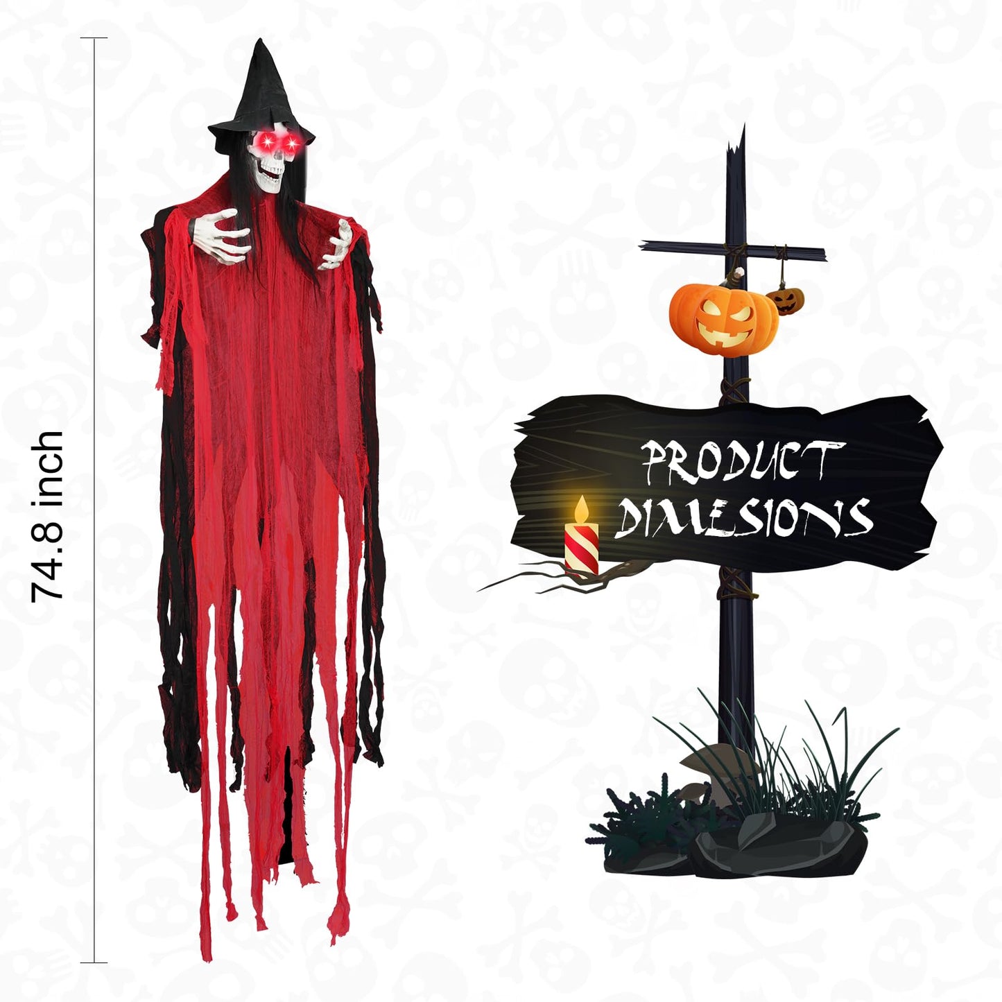 74.8" Halloween Decorations Outdoor - Moving Life-Size Skeleton Witch with Glowing Eyes, Sound-Actived Halloween Party Decoration with Creepy Sound (RED)