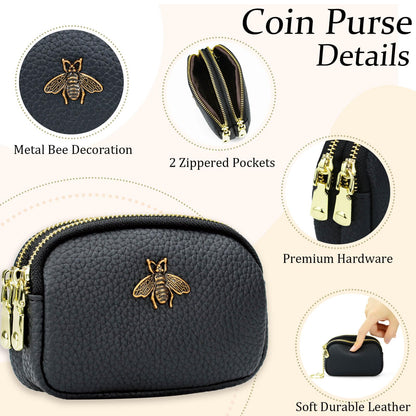 WOZEAH Leather Coin Purse for Women Small 2 Zipper Change Wallet with Key Ring Card Key Coin Cash Holder Pouch(Black)